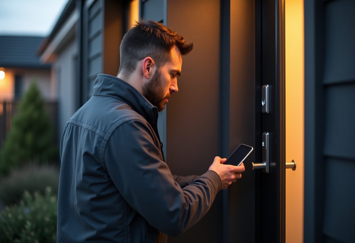 Keypad smart lock being installed on a modern front door — North Turramurra